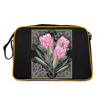 Protea vintage botanische Illustration, Blumen - Retro Tasche - Schwarz/Gold - Hinten