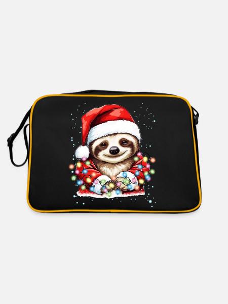 Weihnachtsdeko Faultier mit Weihnachtsbeleuchtung - Retro Tasche - Schwarz/Gold - Hinten
