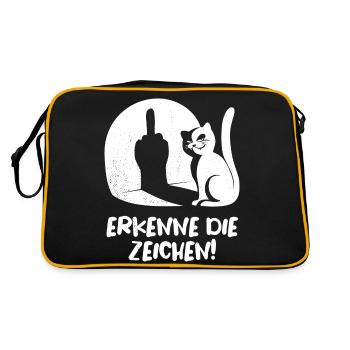 Erkenne die Zeichen Katze Mittelfinger Spruch - Retro Tasche - Schwarz/Gold - Hinten