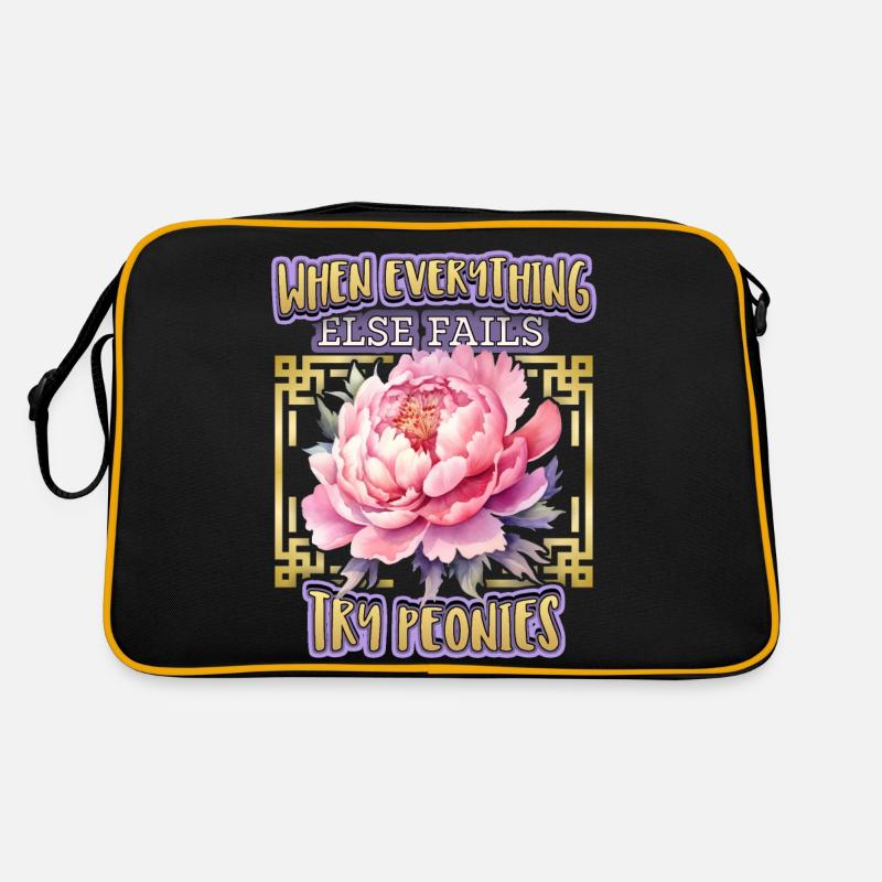 Pfingstrose botanische Illustration, Peony-Spruch - Retro Tasche - Schwarz/Gold
