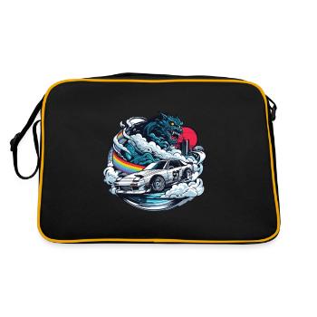 Auto im japanischen Stil hinter Monster und Regenbogen, JDM - Retro Tasche - Schwarz/Gold - Hinten