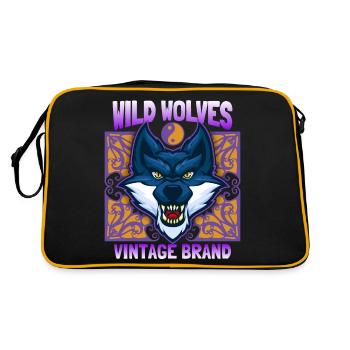 Loup sauvage, Portrait de loup, tête de loup drôle - Sac Retro - noir/or - Dos