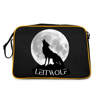 Wolf Vollmond Leitwolf für Ihn Geschenkidee - Retro Tasche - Schwarz/Gold - Hinten