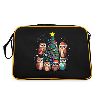 Eulen mit Weihnachtsmütze feiern Weihnachten - Retro Tasche - Schwarz/Gold - Hinten