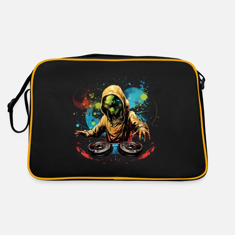 DJ Alien, Space Alien, DJ, Alien, Cartoon, Space, - Retro Tasche - Schwarz/Gold