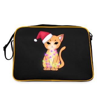 Niedliche orangefarbene Katze mit Weihnachtslichtern, Weihnachtsmütze - Retro Tasche - Schwarz/Gold - Hinten