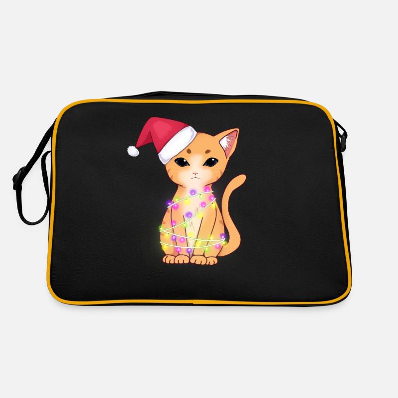 Niedliche orangefarbene Katze mit Weihnachtslichtern, Weihnachtsmütze Retro Tasche
