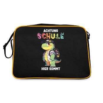 Einschulung Personalisierbar Name Dino Schule - Retro Tasche - Schwarz/Gold - Hinten