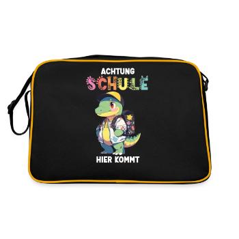 Dino Einschulung Personalisierbar Name Schule - Retro Tasche - Schwarz/Gold - Hinten