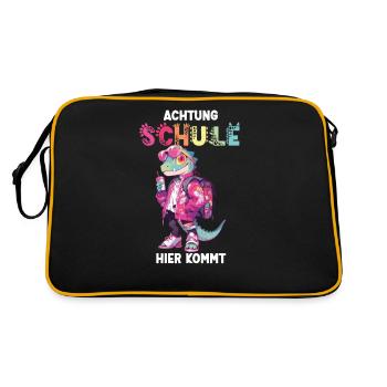 Dino Name Personalisierbar Einschulung Schule - Retro Tasche - Schwarz/Gold - Hinten