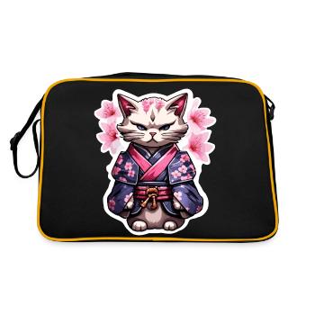 Samurai Katze & Kirschblüten #5 - Retro Tasche - Schwarz/Gold - Hinten