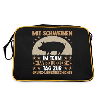 Schwein Schweinebauer Bauernhof Schweine - Retro Tasche - Schwarz/Gold - Hinten