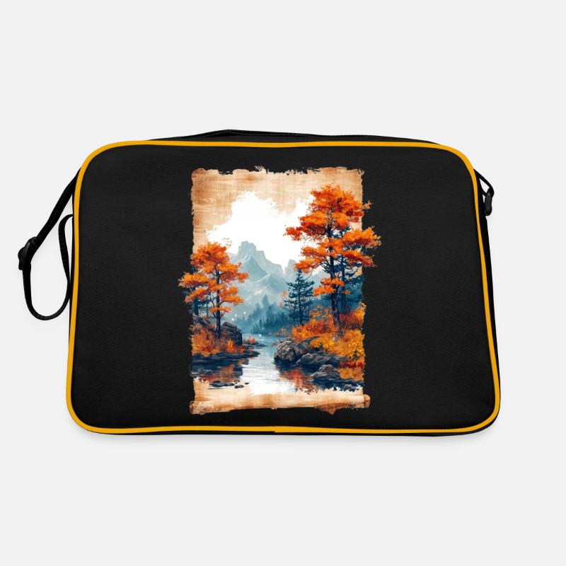 Classic Scenery Papyrus Scroll Onsen Japanese - Retro Bag - black/gold