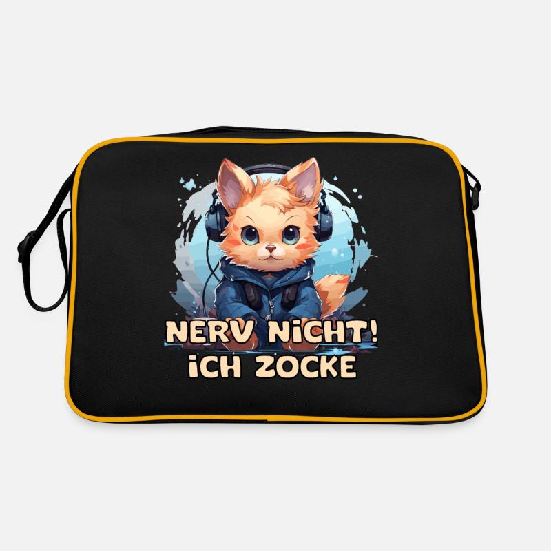 Lustige Katze mit Kopfhörer beim Zocken mit Spruch - Retro Tasche - Schwarz/Gold