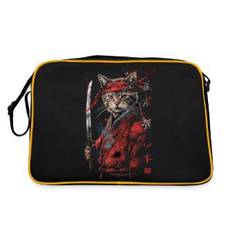 Katze Samurai Lustiges Geschenk - Retro Tasche - Schwarz/Gold - Hinten