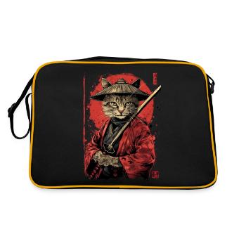 Katze Samurai Lustiges Geschenk - Retro Tasche - Schwarz/Gold - Hinten