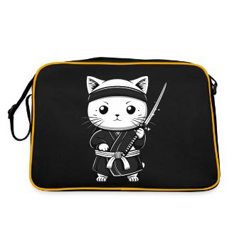 Katze Samurai Kawaii Lustiges Geschenk - Retro Tasche - Schwarz/Gold - Hinten