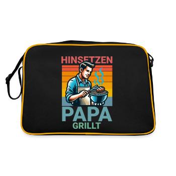 Hinsetzen Papa Grillt BBQ Spruch - Retro Tasche - Schwarz/Gold - Hinten