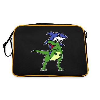 Lustige Hai Reiten T-Rex Dinosaurier Grafik Neuheit - Retro Tasche - Schwarz/Gold - Hinten