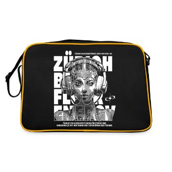 Zürich Techno T-Shirt – Astronautin mit Kopfhörern - Retro Tasche - Schwarz/Gold - Hinten
