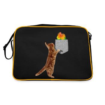 Cat Reaching For Lovebirds In Fake Print-On Pocket - Retro Bag - black/gold - Back
