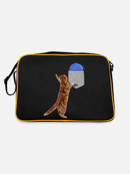 Katze, die nach Wollball in Ihrer falschen Tasche greift Spaß - Retro Tasche - Schwarz/Gold - Hinten