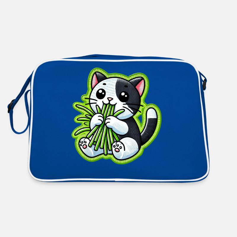 Mignon chat noir et blanc mangeant de l’herbe verte Sac Retro