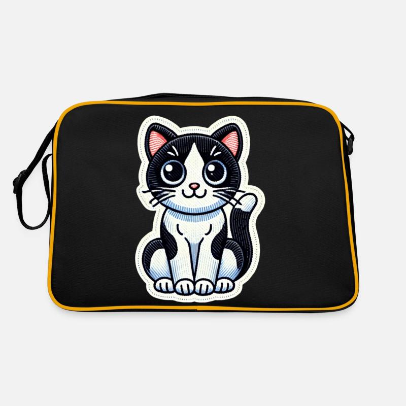 Cute Black & White Cat is sitting nicely / Patch Retro Bag