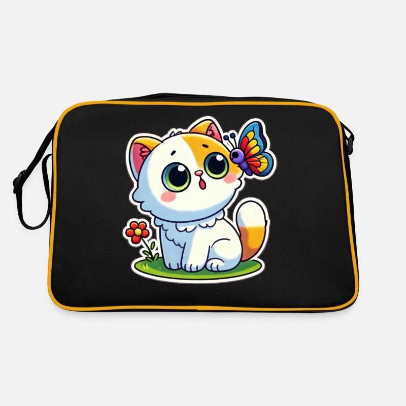 Cute Cat is surprised to see a butterfly - Retro Bag - black/gold