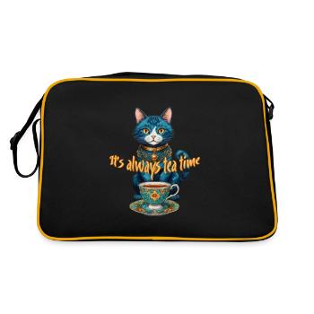 Skurrile Katze Tea Time Illustration Whimsical Cat - Retro Tasche - Schwarz/Gold - Hinten