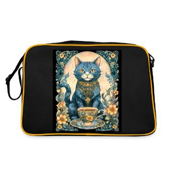 Elegante Vintage Katze mit Teetasse Elegant - Retro Tasche - Schwarz/Gold - Hinten