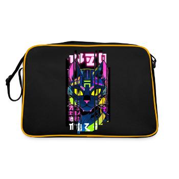 Cyborg Katze Neon Kanji - Retro Tasche - Schwarz/Gold - Hinten