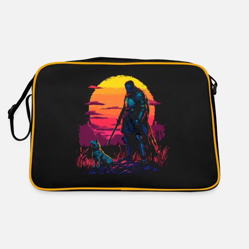 Chevalier et chien au crépuscule devant Sac Retro