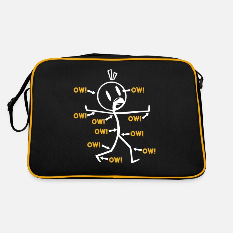 Lustige „Ow!“ Strichmännchen Illustration mit Retro Tasche