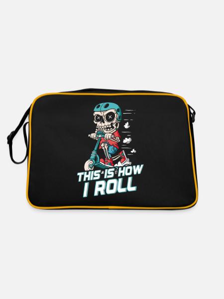 How I Roll : Squelette de patineur sur trottinette - Sac Retro - noir/or - Dos