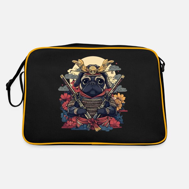 Samurai Mops Krieger mit Schwertern und Blüten Retro Tasche