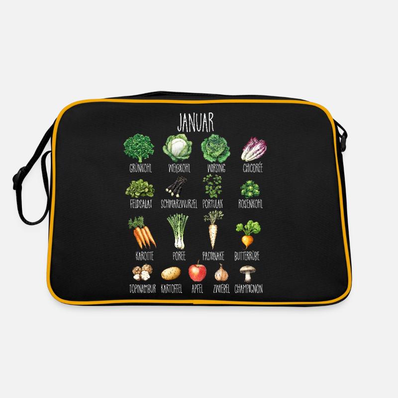 Januar Saisonales Gemüse und Obst Collage - Retro Tasche - Schwarz/Gold