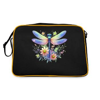 Libelle Und Blumen Aquarell Naturmotiv - Retro Tasche - Schwarz/Gold - Hinten