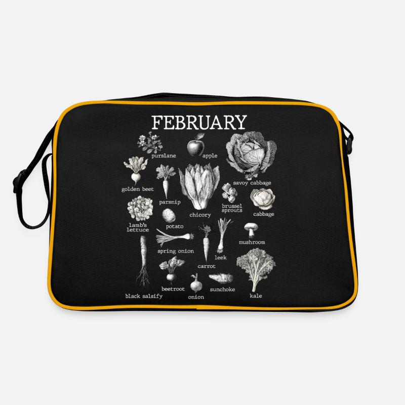Februar Collage mit saisonalem Gemüse und Obst Retro Tasche
