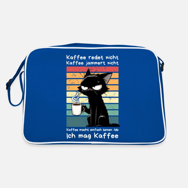 Genervte schwarze Katze mit Kaffee und Blick Retro Tasche