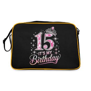 15. Geburtstag Krone Sterne Glitzer Design - Retro Tasche - Schwarz/Gold - Hinten