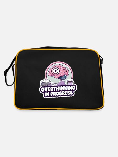 Overthinking in Progress – Lustiges Gehirn - Retro Tasche - Schwarz/Gold - Hinten