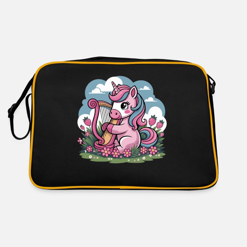 Licorne avec harpe et fraises dans le champ de fleurs Sac Retro