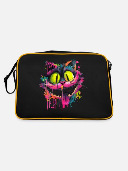 Bunte Psychedelische Grinsekatze Street Art Style - Retro Tasche - Schwarz/Gold - Hinten
