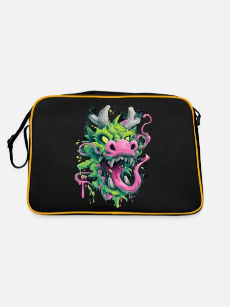 Psychedelischer Drachenkopf Japan Street Art Stil - Retro Tasche - Schwarz/Gold - Hinten