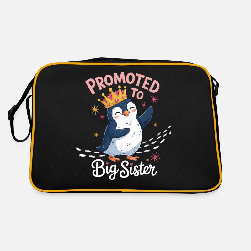 Zur großen Schwester befördert – Pinguin Design - Retro Tasche - Schwarz/Gold