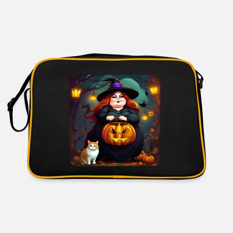 Fat witch with jack-o'-lantern and cat Retro Bag
