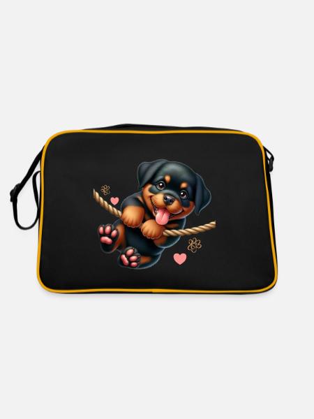 Rottweiler Hunde Liebe Welpe Herrchen Frauchen - Retro Tasche - Schwarz/Gold