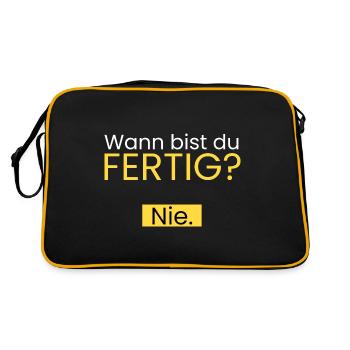 Wann bist du fertig? Nie. - Retro Tasche - Schwarz/Gold - Hinten
