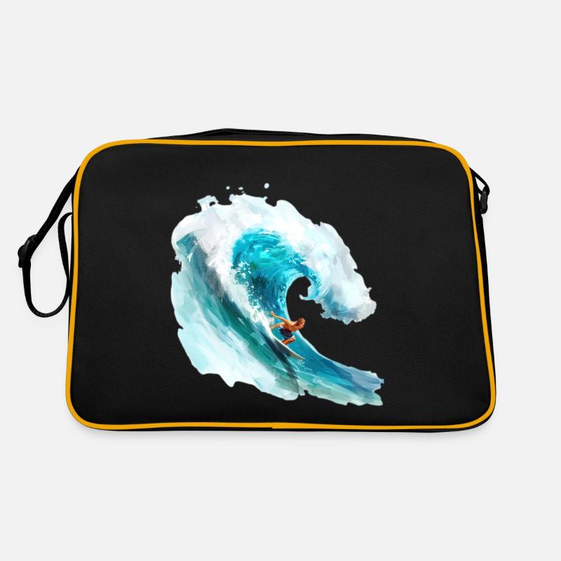 Surfer beim Reiten einer großen Welle in einer 2D- Retro Tasche